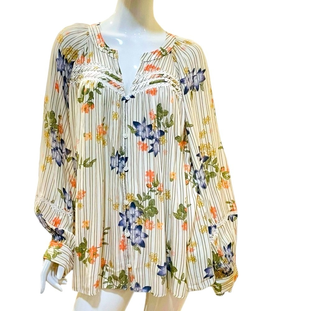 Sonoma Floral Crochet Lace Boho Striped Long Sleeve Button Down Blouse 2x to 3x